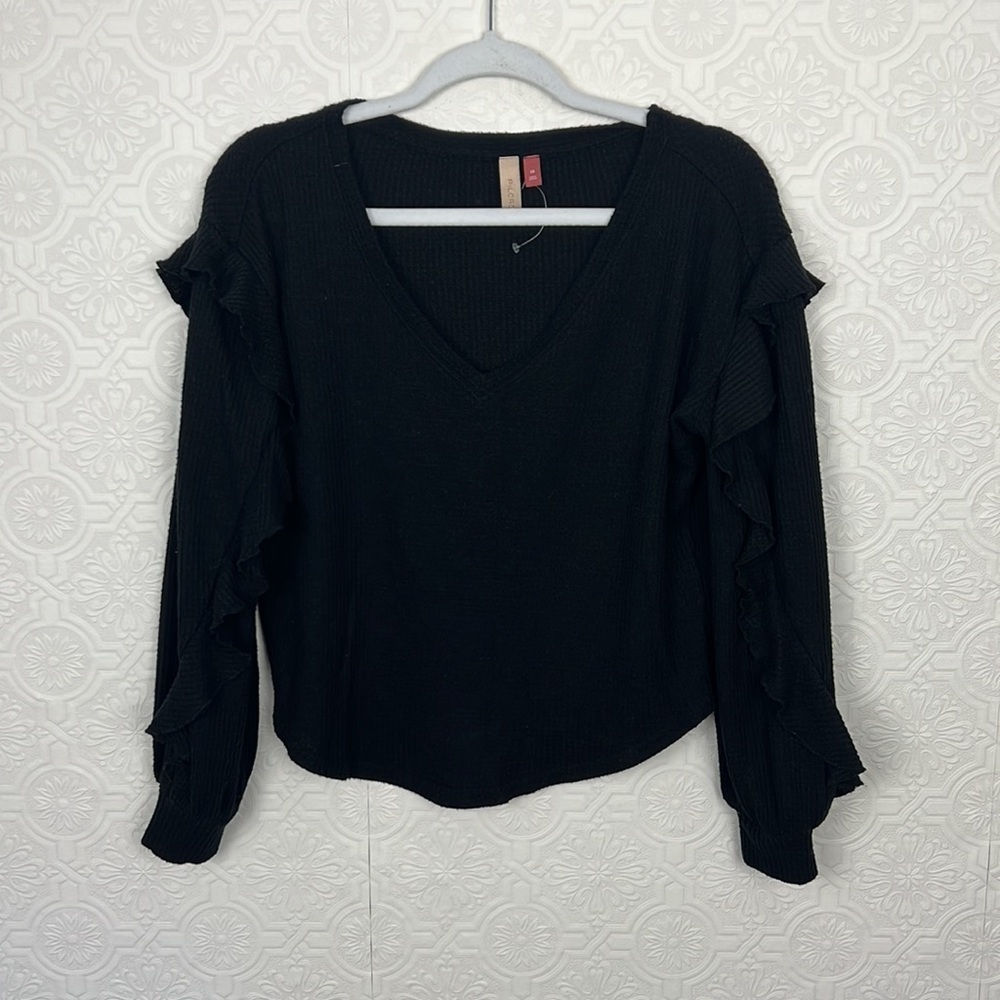 Anthropologie Pilcro Waffle Knit Black‎ Vneck Blouse Sweater Shirt Top Ruffles - Picture 4 of 7